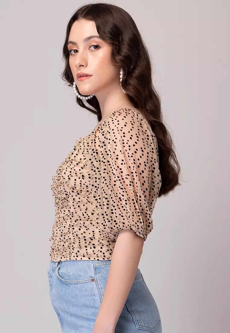 Beige Flock Print Crop Top