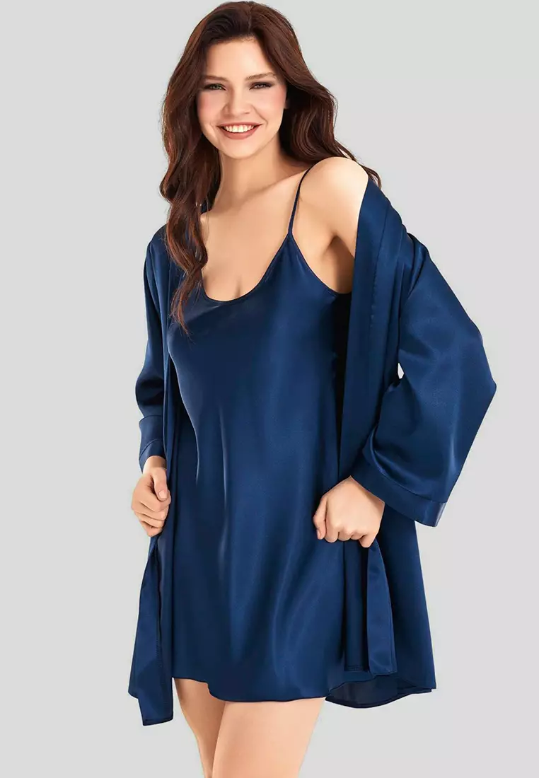 Navy Blue 2-Pack Satin Woven Dressing Gown + Nightgown THMSS25GC00028