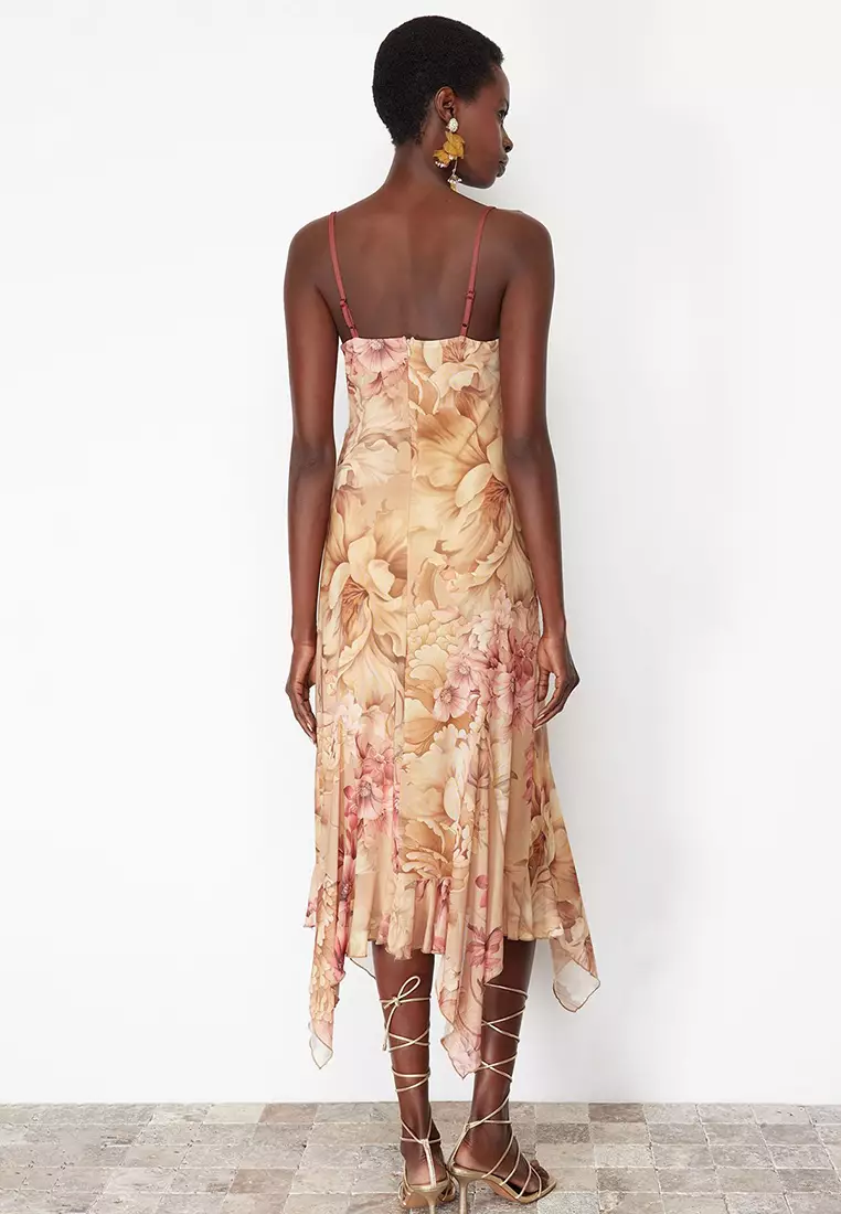 Multicolored A-Line Floral Patterned Ruffle Knitted Tulle Dress TPRSS24EL00133