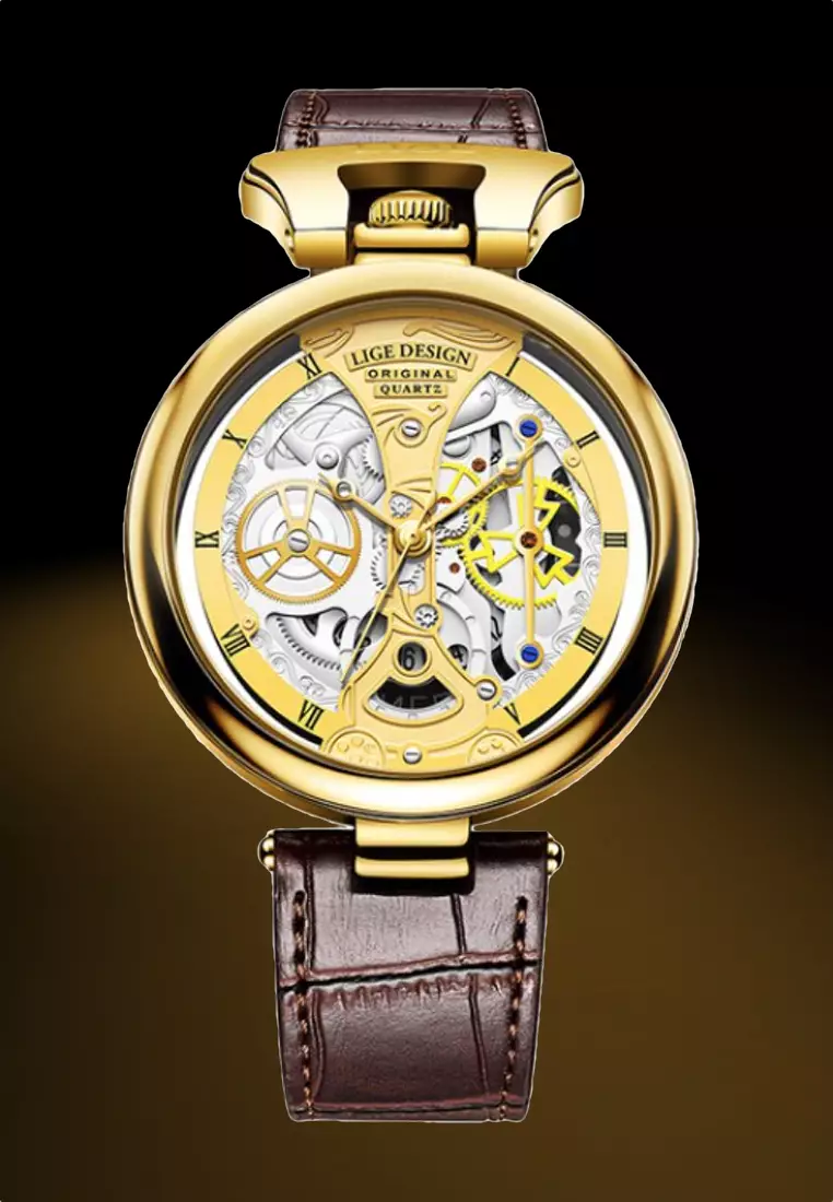 Unisex 45mm IP Gold Color Stainless Steel Quartz Watch, Hollow Dial on Leather Strap