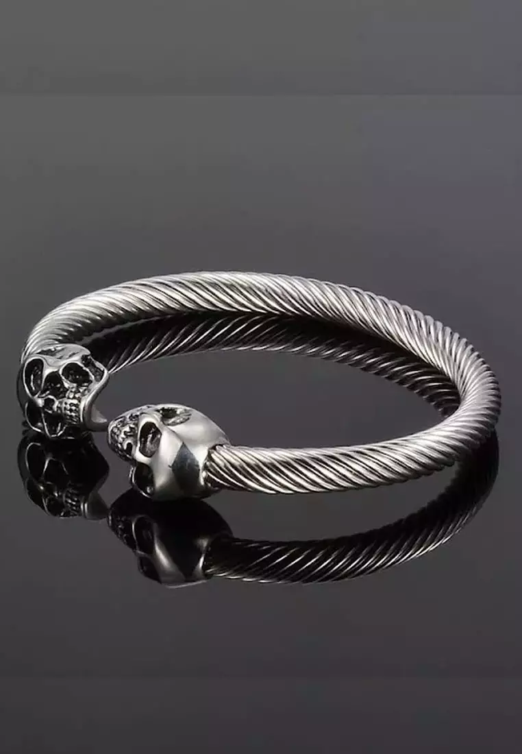 Aksesoris Gelang Pria Skull Heads Stainless Steel Bracelet Silver
