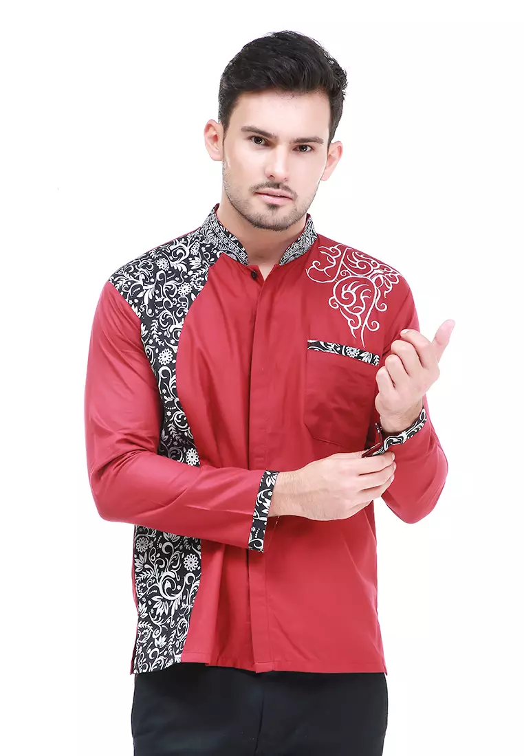 Dwan Kemeja Batik Pria Simple Atasan Formal Longsleeve Shirt Material Cotton ORIGINAL - Red