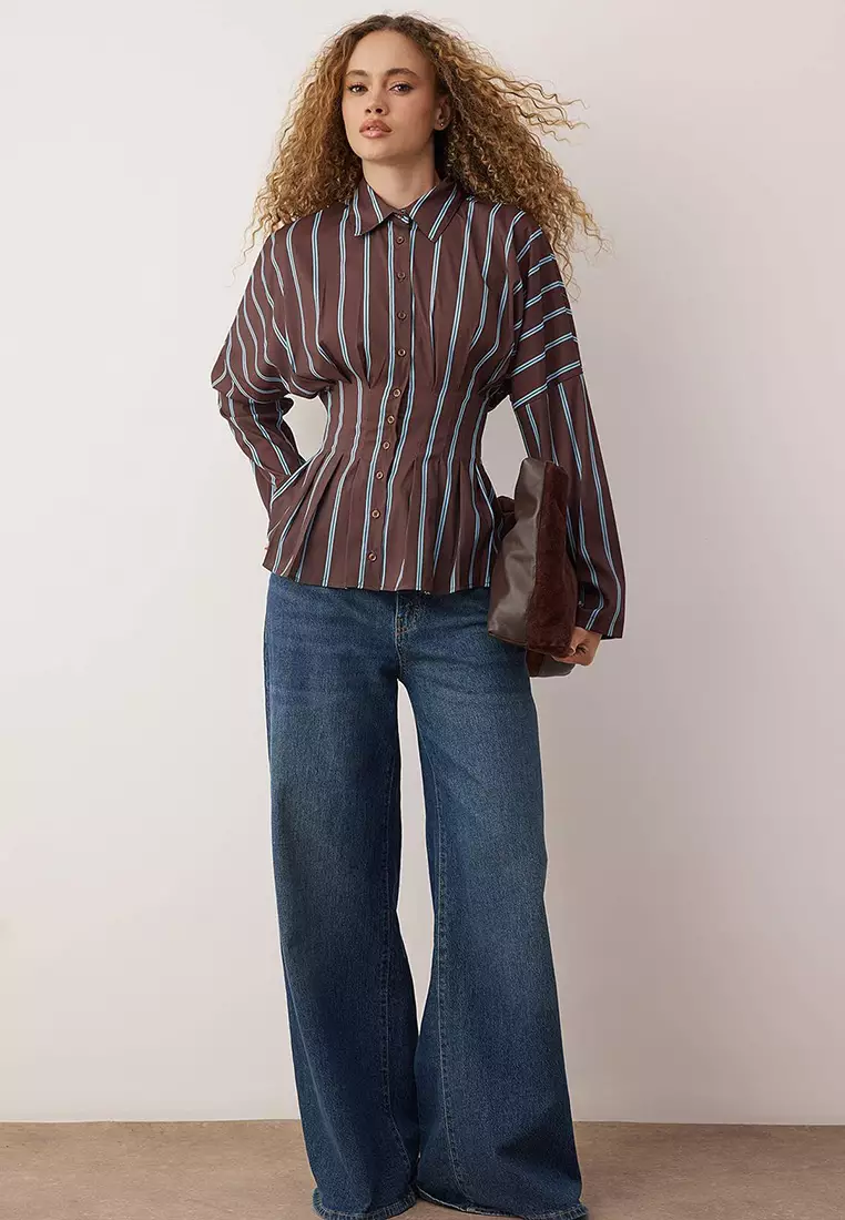 Brown-Multicolored Striped Lycra Fitted Waist Shirt Twoaw26Go113