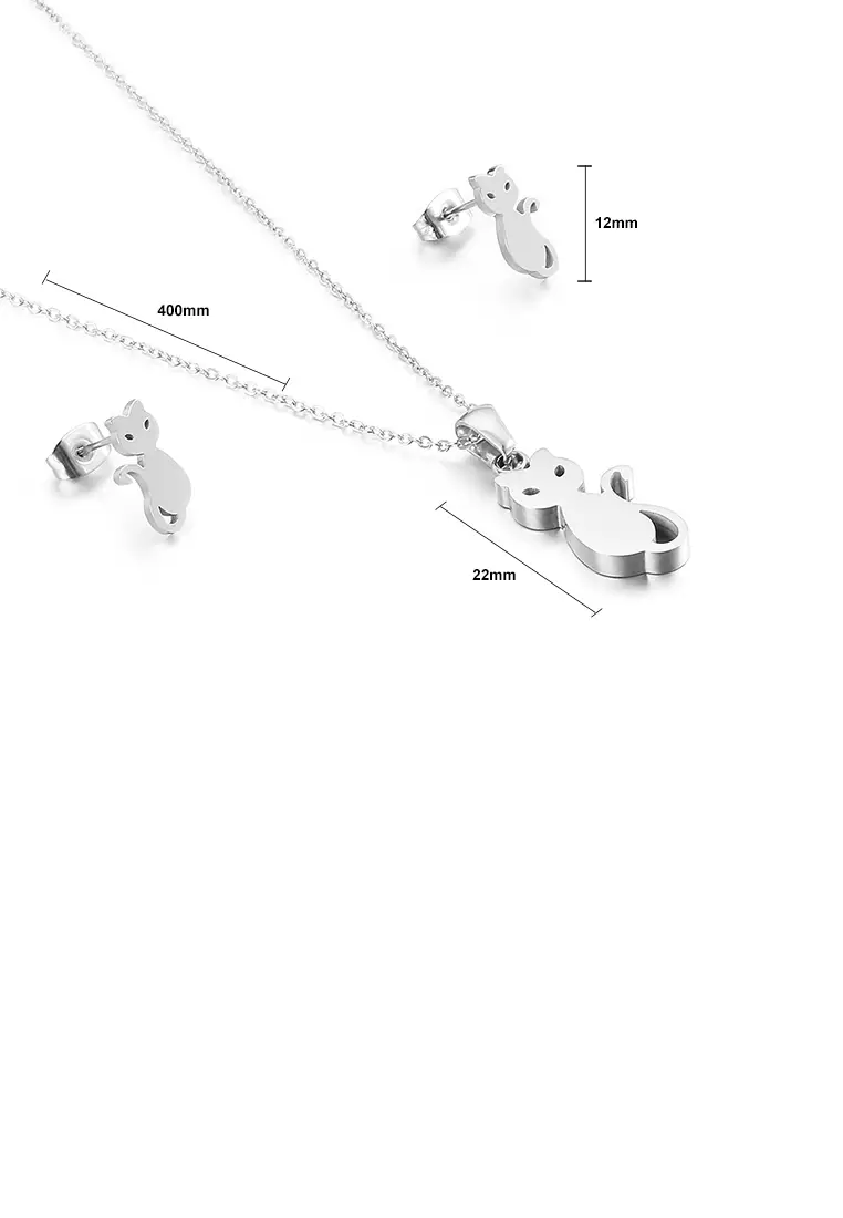 Simple and Cute Cat 316L Stainless Steel Necklace and Stud Earrings Set