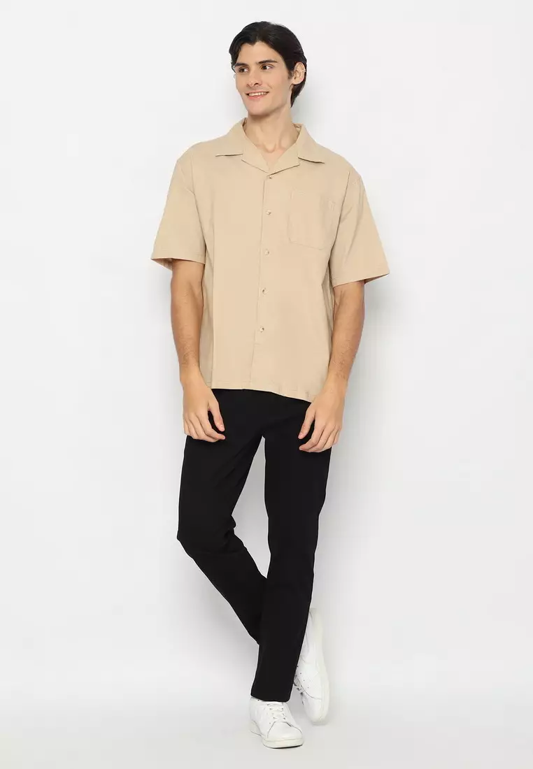RBJ Kemeja Polos Cotton Slub Krah Hawaii Khaky Muda Regular Fit Pria