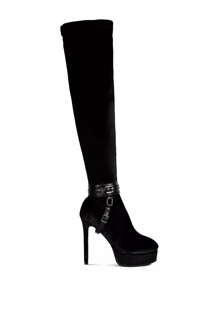 Discount on Rag & Co.  shoes - SKU: Black High Heeled Long Velvet Boots
