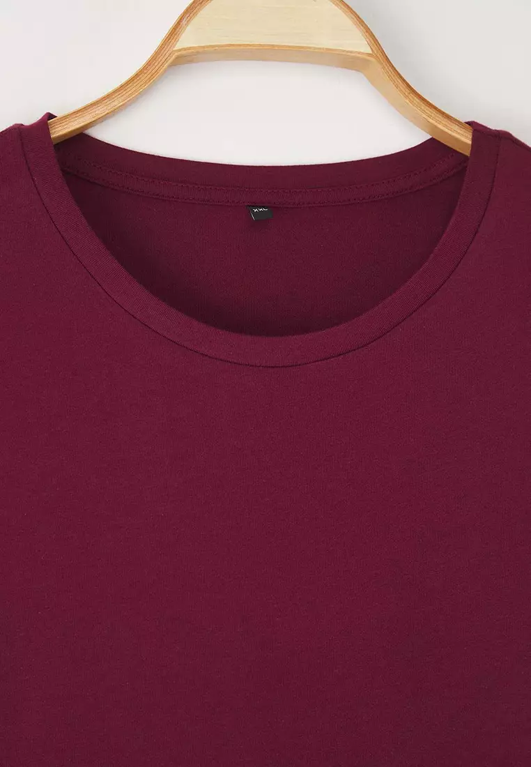 Claret Red Regular Fit Basic Crew Neck 100% Cotton Knitted Plus Size T-Shirt Tbbss22Ts0733