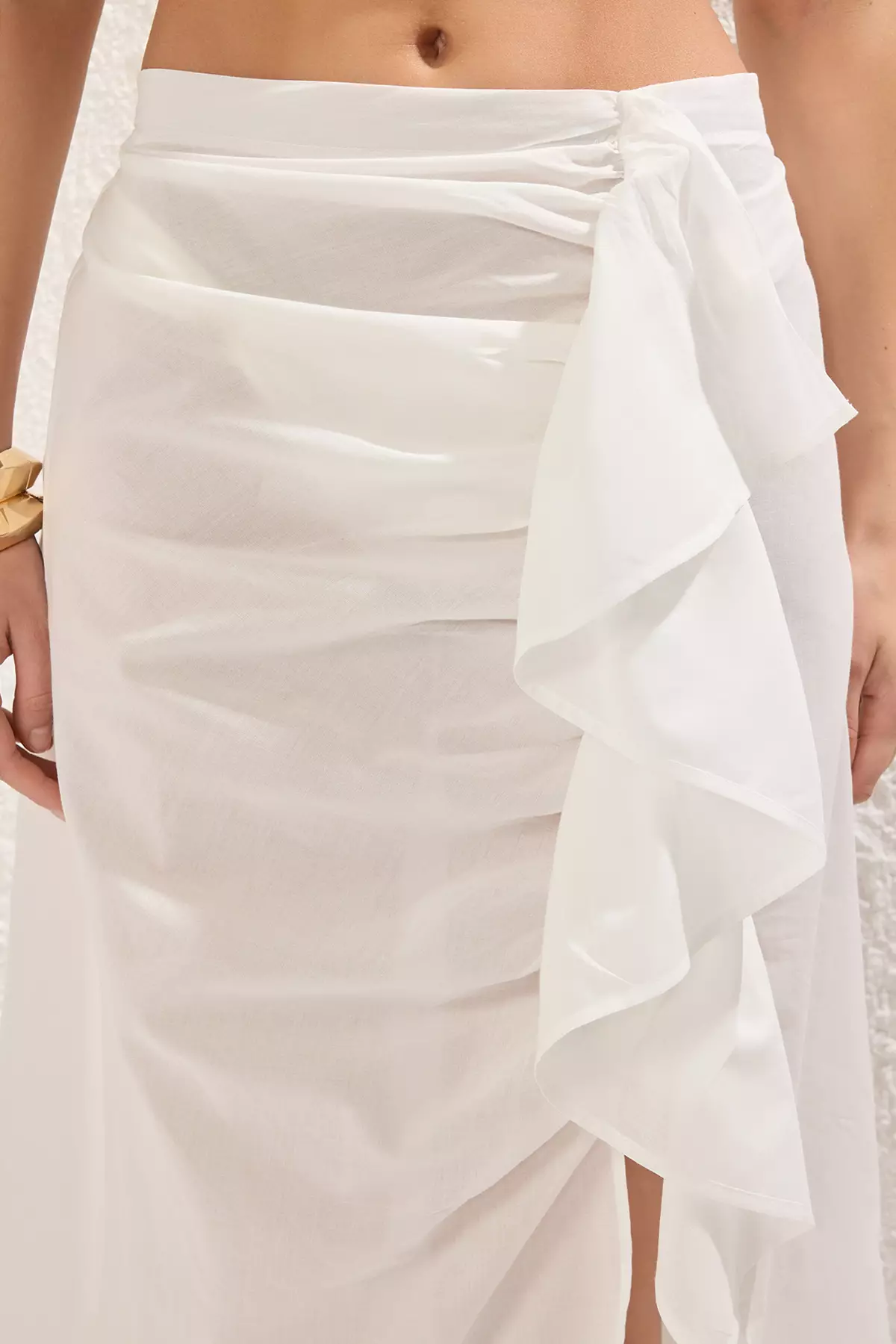 Ecru Midi Woven Ruffle 100% Cotton Beach Skirt TBESS25ET00010