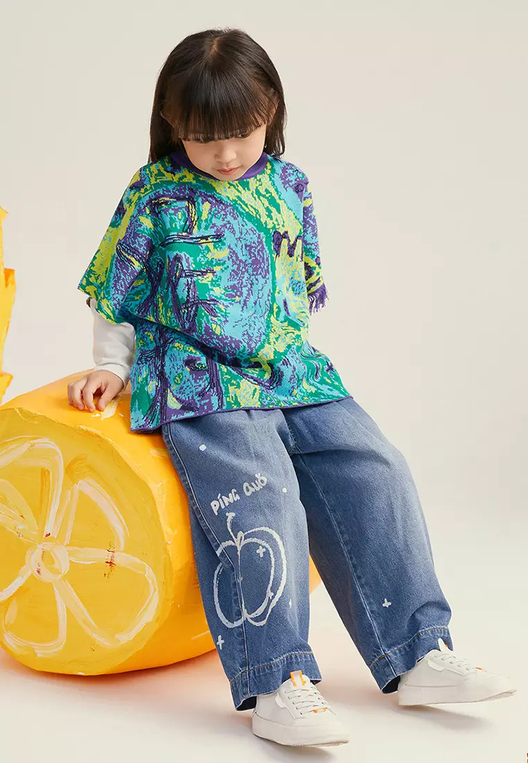 女童毛衣斗篷满底提花设计毛边针织披风