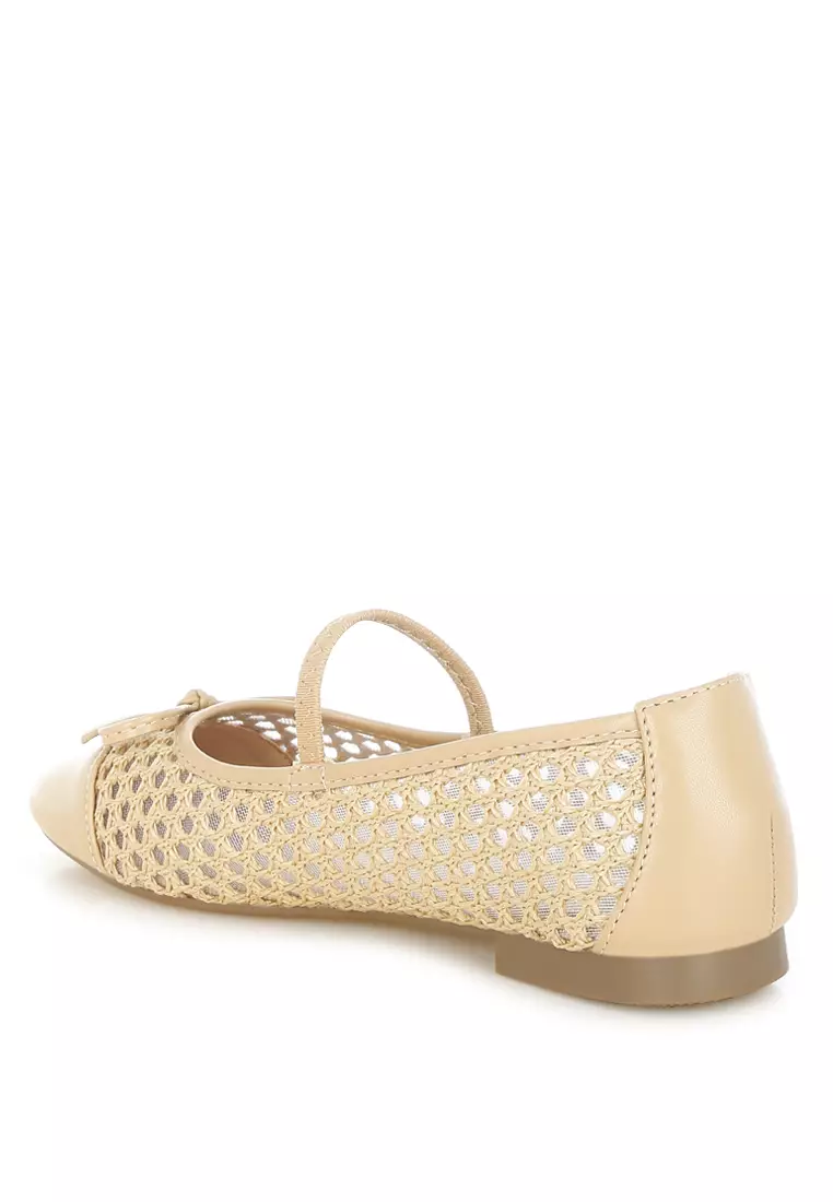 Woven Bow Detail Ballerinas In Tan