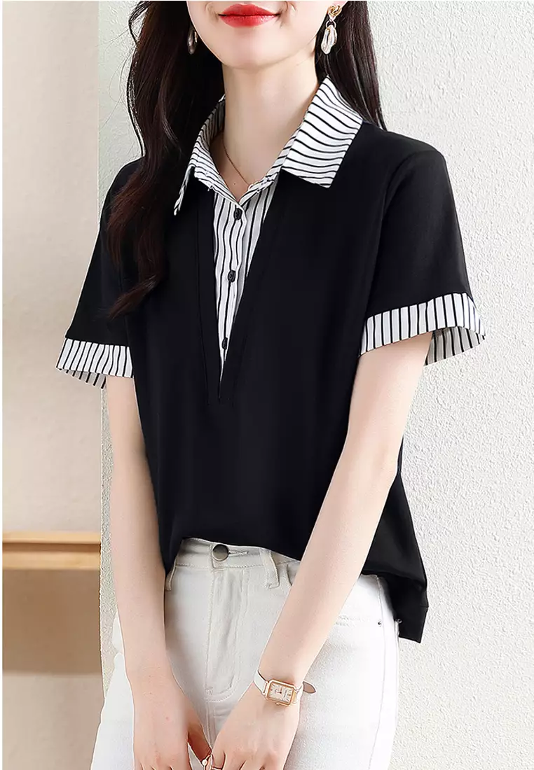 Getadme Spring and Autumn Outfits Women's New Stripe Fashion Fake Two Piece Polo Neck Shirt High Waist Casual Pants Two Piece Suit