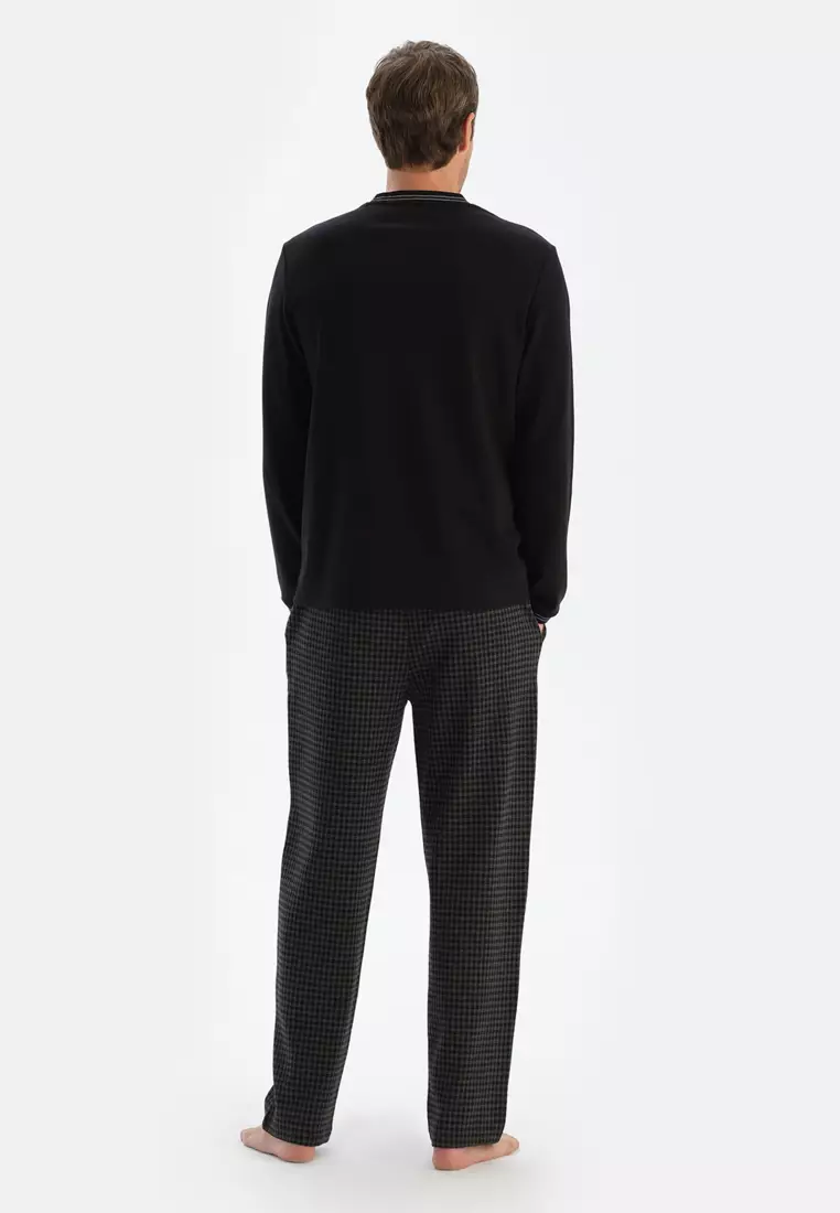 Black T-Shirt & Trousers, Crew Neck, Regular Fit, Long Sleeve Sleepwear for Men