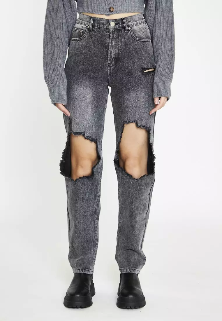 Black Acid Wash Distressed Straight High Waist Jeans