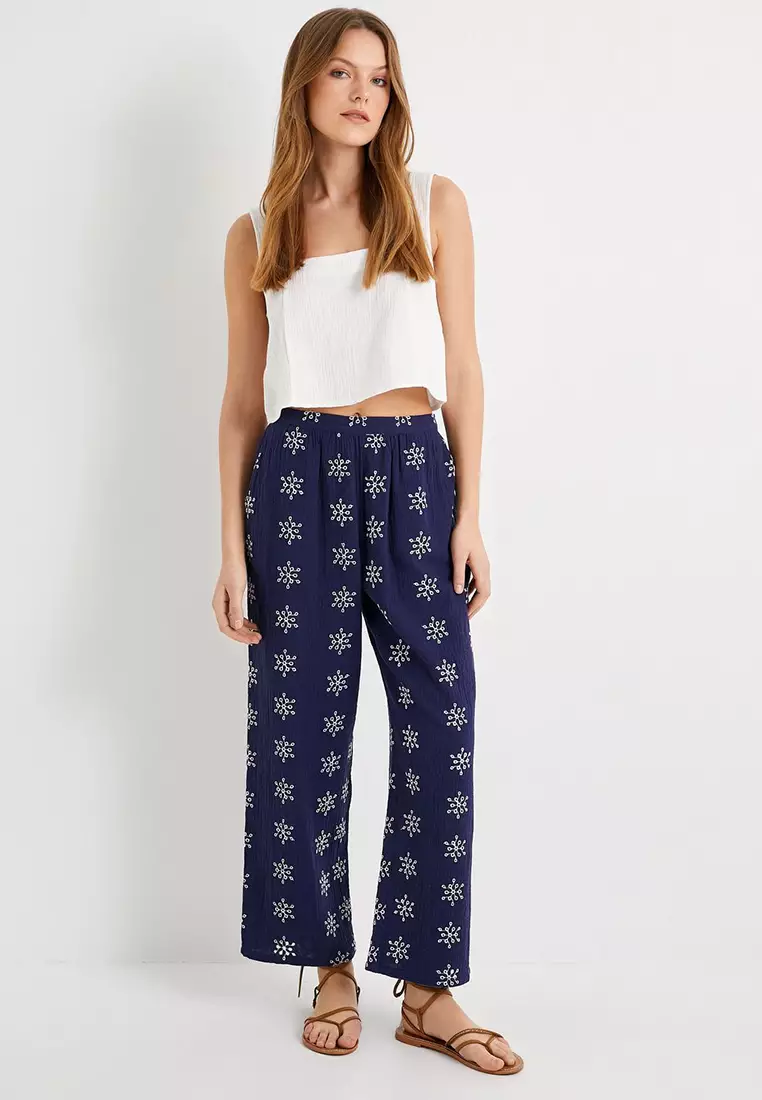 Embroidered Wide Leg Trousers