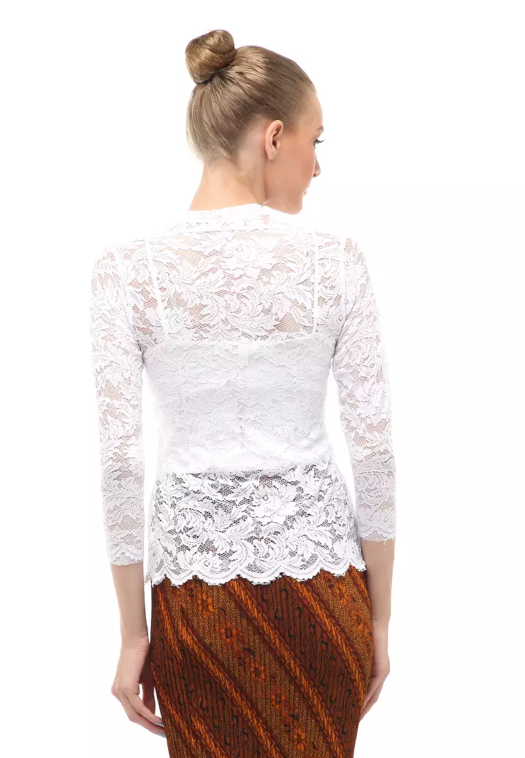 Hara Kebaya Seri 1 Motif Brokat Long Sleeves Atasan Wanita Transparan Premium Quality - Putih