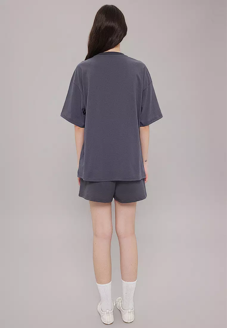 Anthracite Slogan Oversize/Wide Cut Top Short Knitted Top Bottom Set