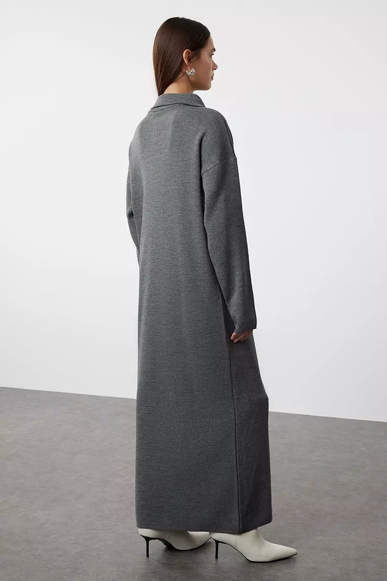 Smoked Comfortable Zippered Collar Basic Knitwear Dress TCTAW25EB00013