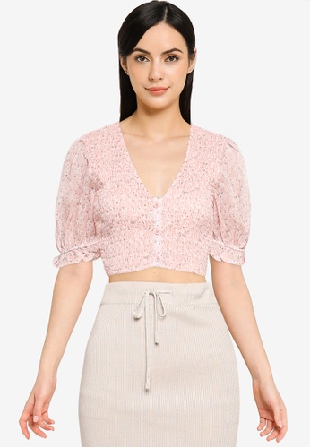 MISSGUIDED pink Ditsy Puff Sleeves Shirred Crop Top 321F5AAE7B0E40GS_1