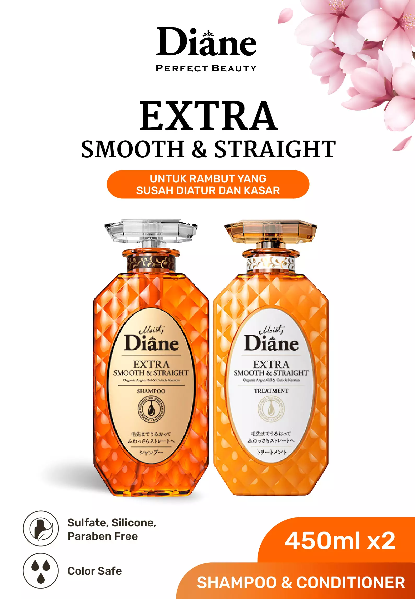 PAKET Moist Diane EXTRA SMOOTH & STRAIGHT Shampoo + Treatment (Conditioner)