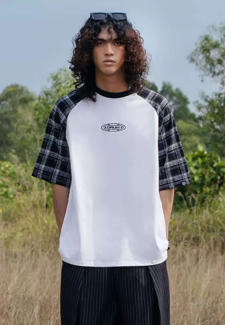 DRUM S. Flannel Printed Raglan Sleeve Oversized Tee- White
