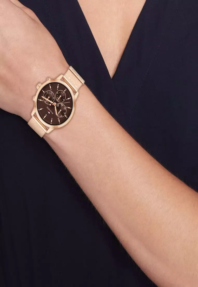Women's Ionic Plated Rose Gold Mesh Steel Choco Dial Watch - TH1782864