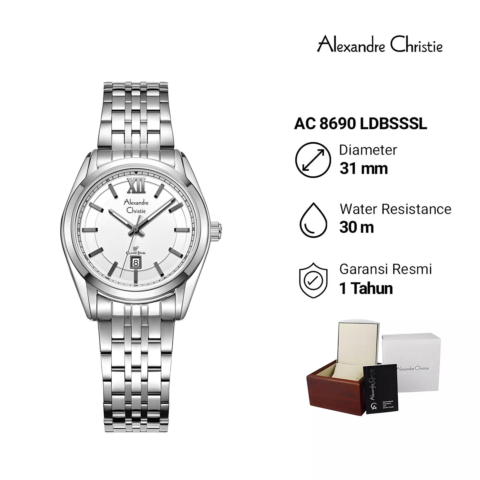 Alexandre Christie Classic Steel - Jam Tangan Analog Wanita - Silver White - All Stainless Steel - 8690 LDBSSSL
