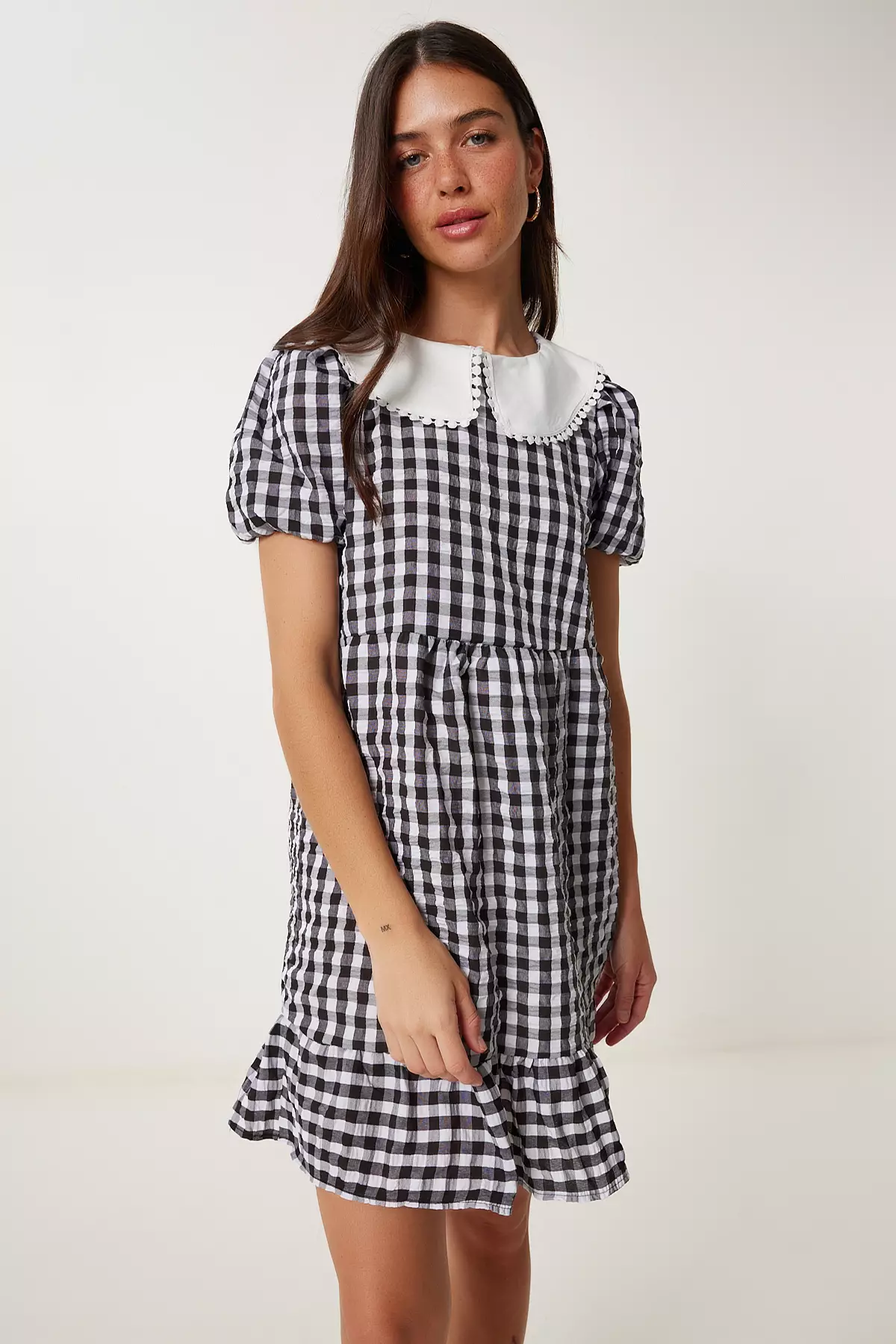 Women's Black Checkered Summer Mini Woven Dress Tp00058