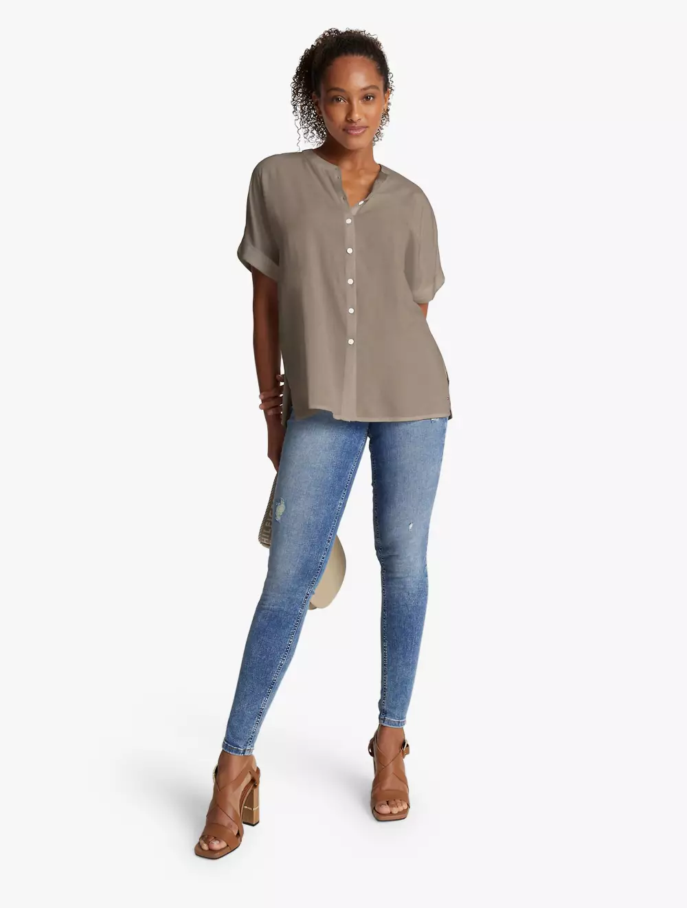 TOMMY HILFIGER - SOLID SHORT-SLEEVE COLLARLESS BLOUSE - Khaki - brown