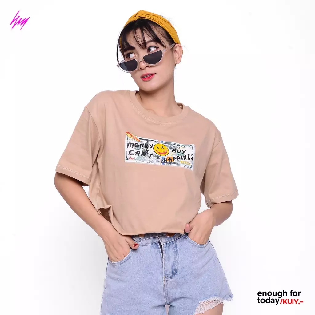 Enough For Today Kaos Crop Top Oversize Dollar Almond | Crop Tee Basic Gambar Money