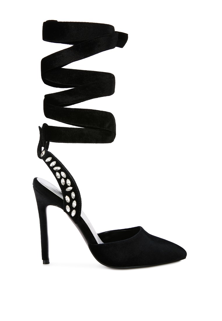 Black Velvet Diamante Tie Up High Heeled Sandals