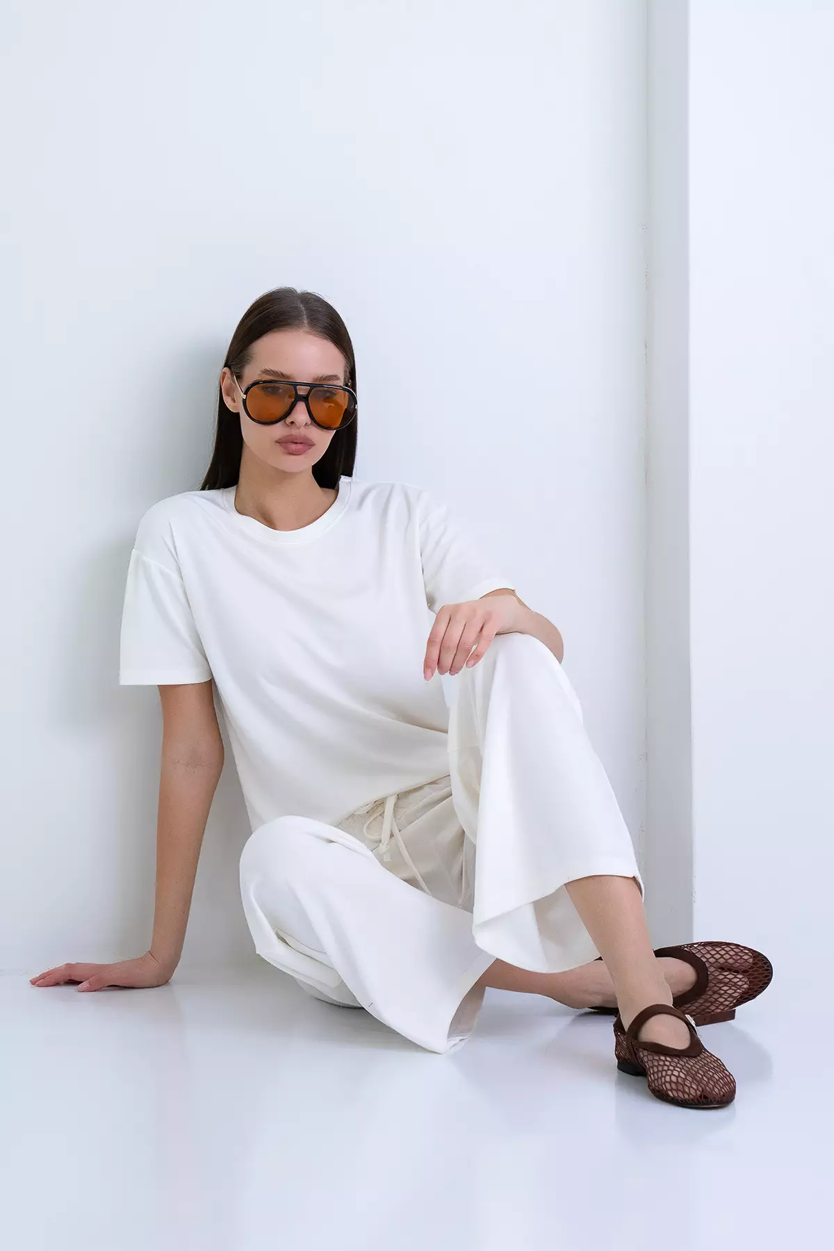 Ecru Crew Neck Modal Basic Blouse And Double Pocket Trouser Set Alc-X15221