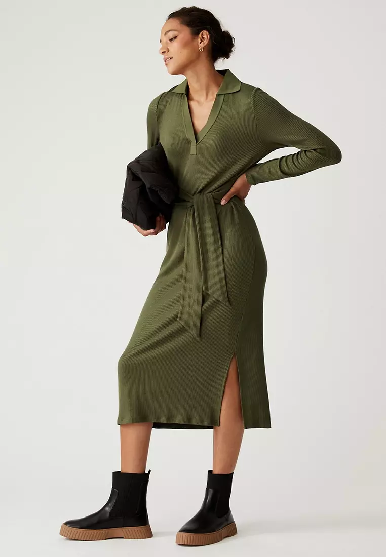 ribbed v neck tie front midi column dress