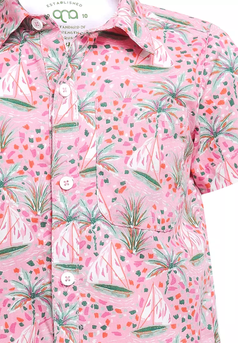 Qna Boy Bildad Kemeja Pendek Anak Pink Motif daun abstrak