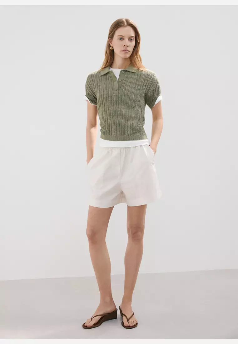 Openwork Knitted Polo-Neck Sweater
