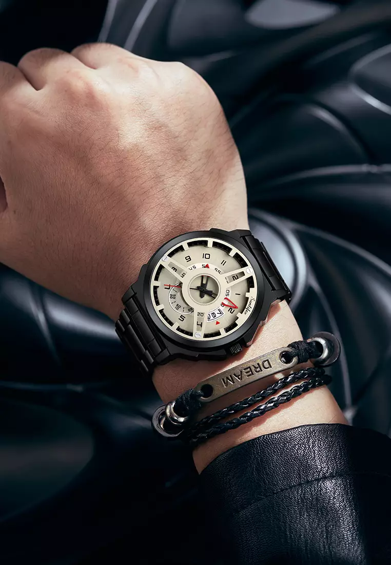 Jam Tangan Pria 9111 Hollow Dial Kuarsa Mode Tanggal Cool Anti Air Jam Tangan Cowok Original blackbrown