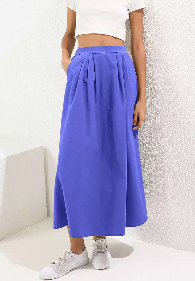 Navy Blue Pleated Detailed Maxi Length Woven Skirt TWOSS25ET00158