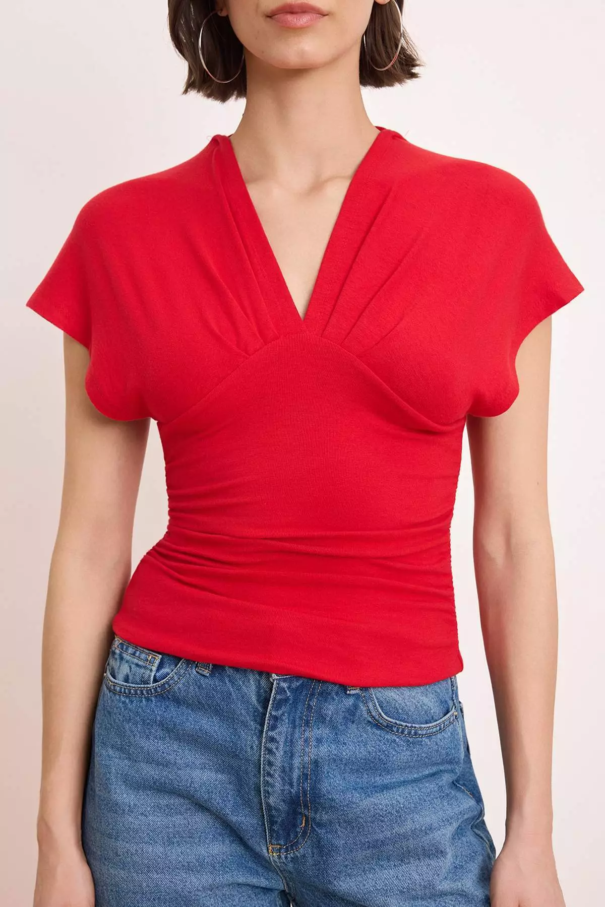 Red Fitted/Bodycon Shirred/Drape Detail Knitted Blouse Twoss25Bz65