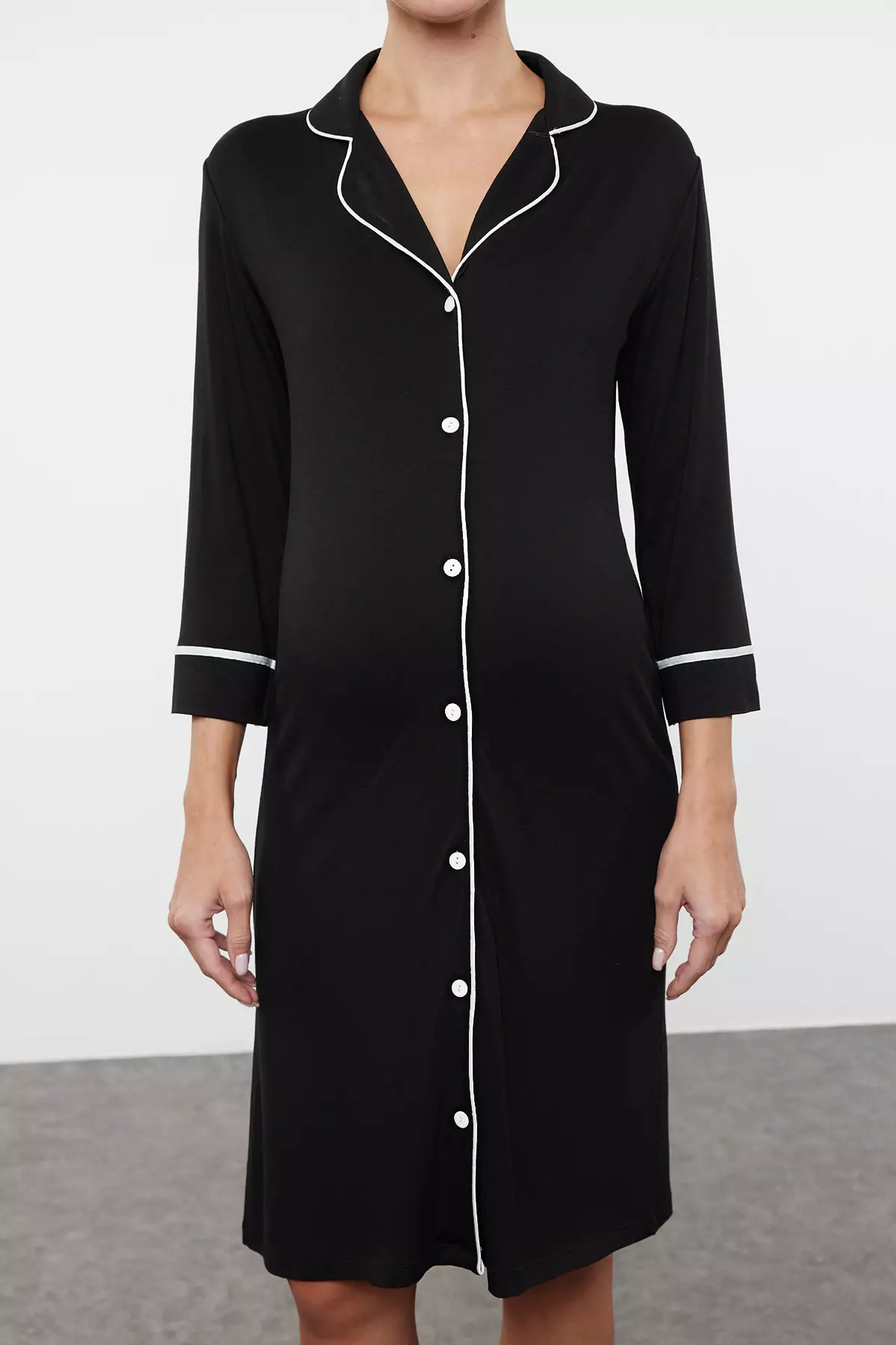 Black Shirt Collar Piping Knitted Nightgown For Pregnant And Maternity - Tbbaw25Ch00002