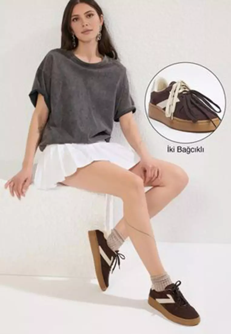 Dark Brown Two Lace-Up Dual-Use Women's Retro Sneakers Takss25Sn00009