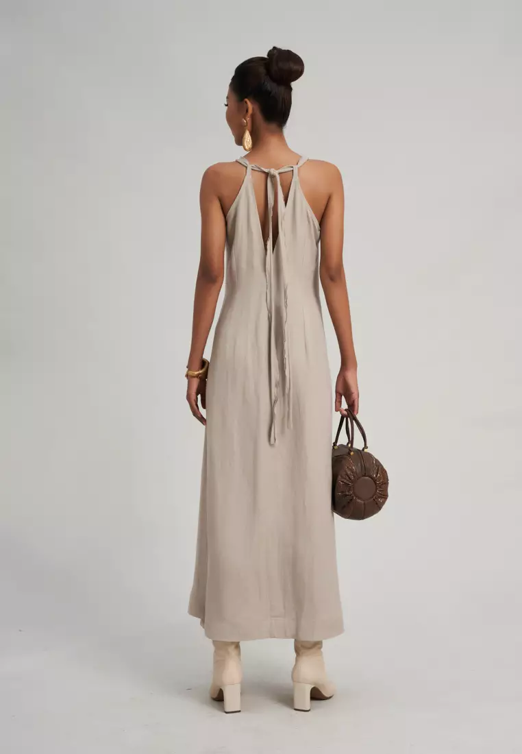 BEIGE LINEN MIDI DRESS