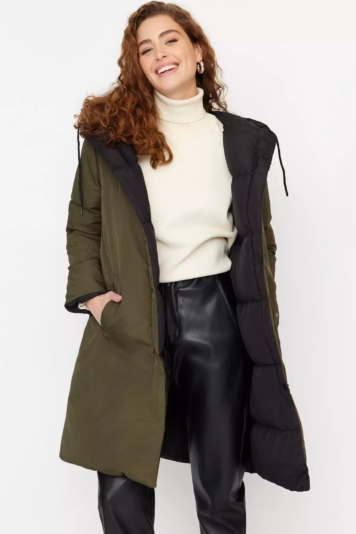 Black-Khaki Double Sided Hooded Water Repellent Long Puffer Jacket TWOAW23MO00052