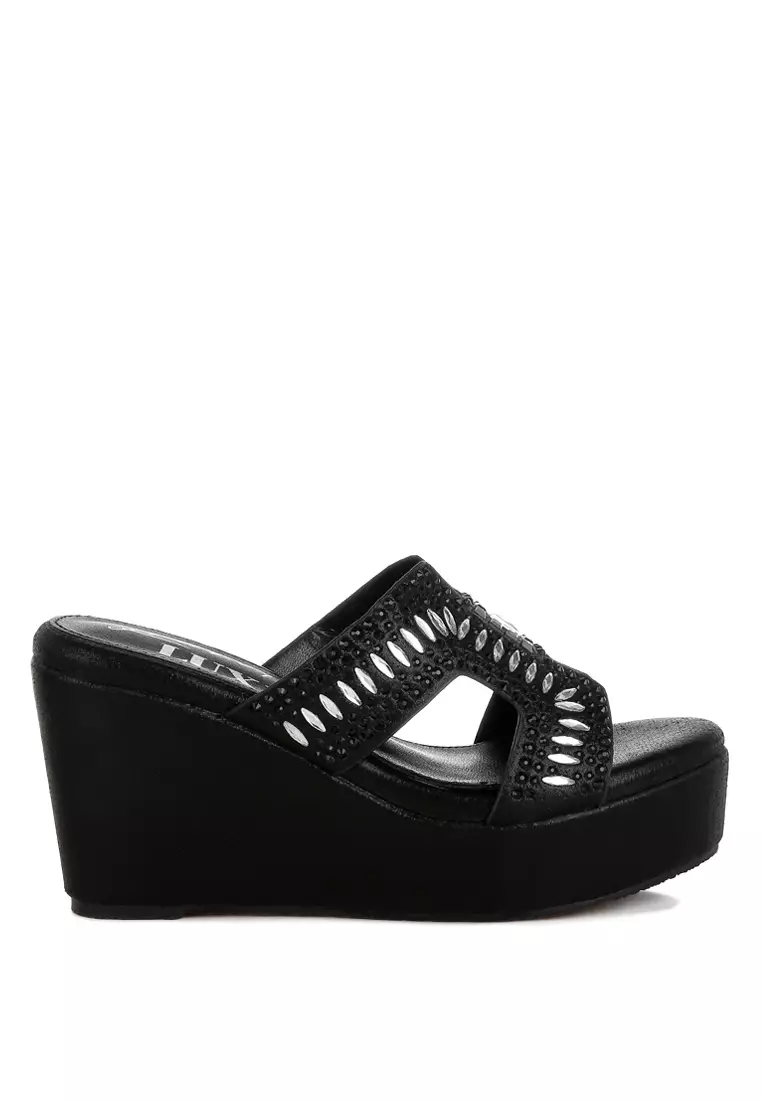 Diamante & Rhinestone Detail Cut-Out Sandals in Black