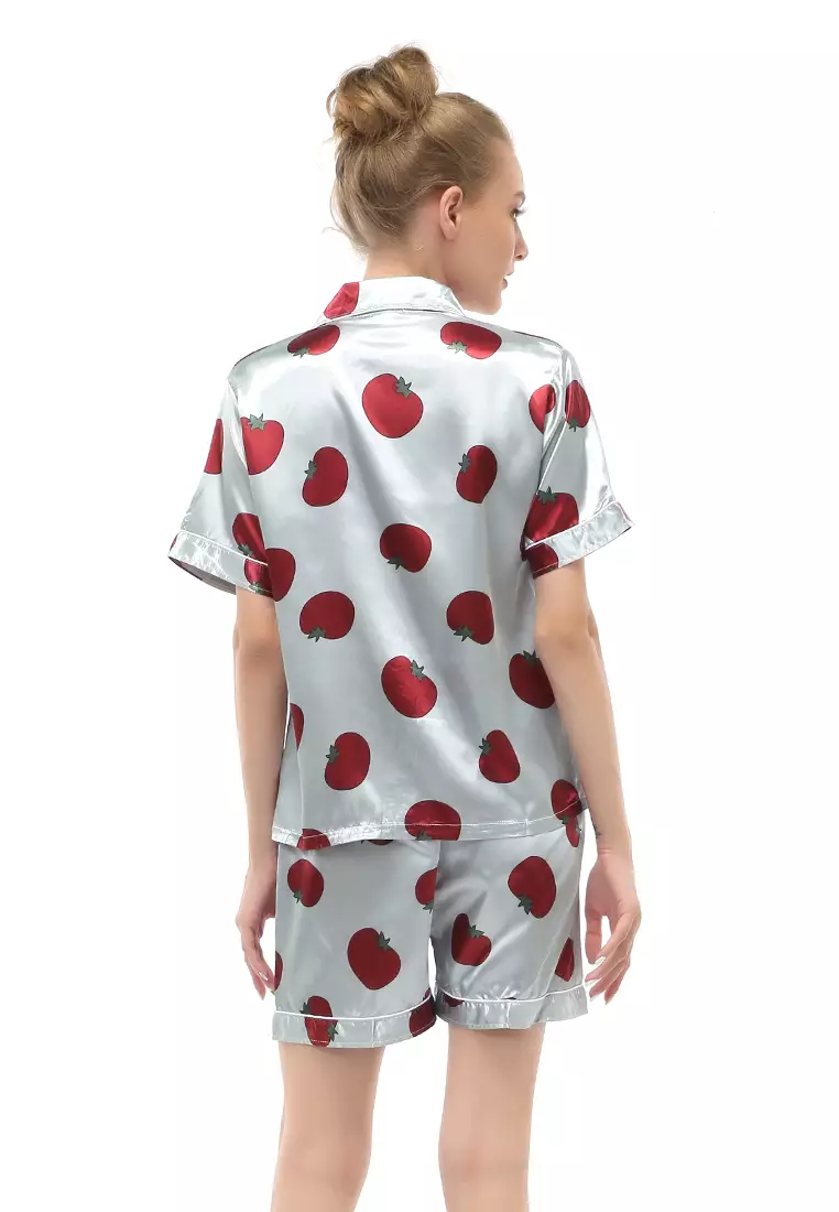 Vance Setelan Baju Tidur Wanita Lengan Pendek Motif Tomat Material Satin ORIGINAL - Blue