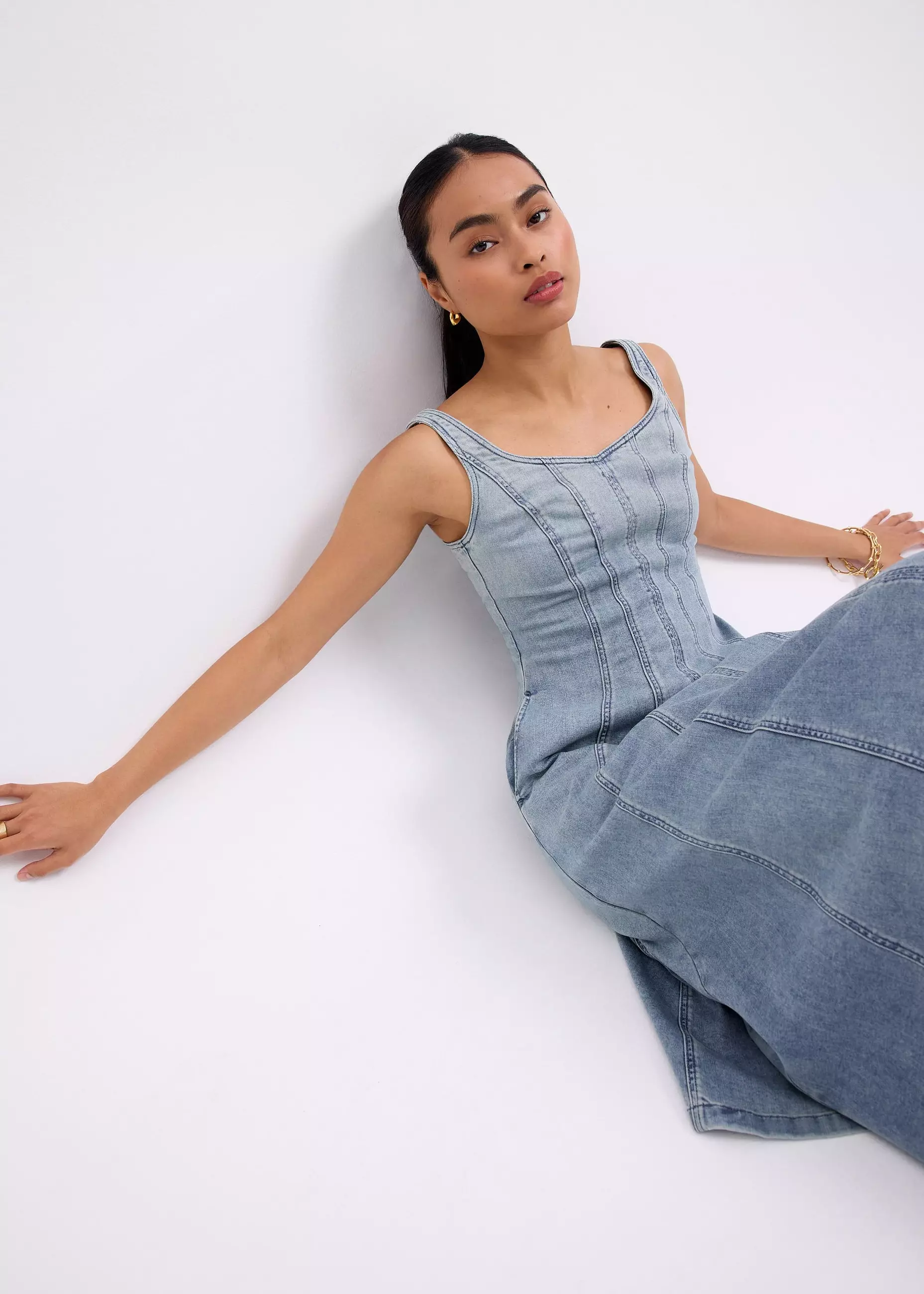 Dress Wanita - Denim Panelled Sweetheart Midi Dress