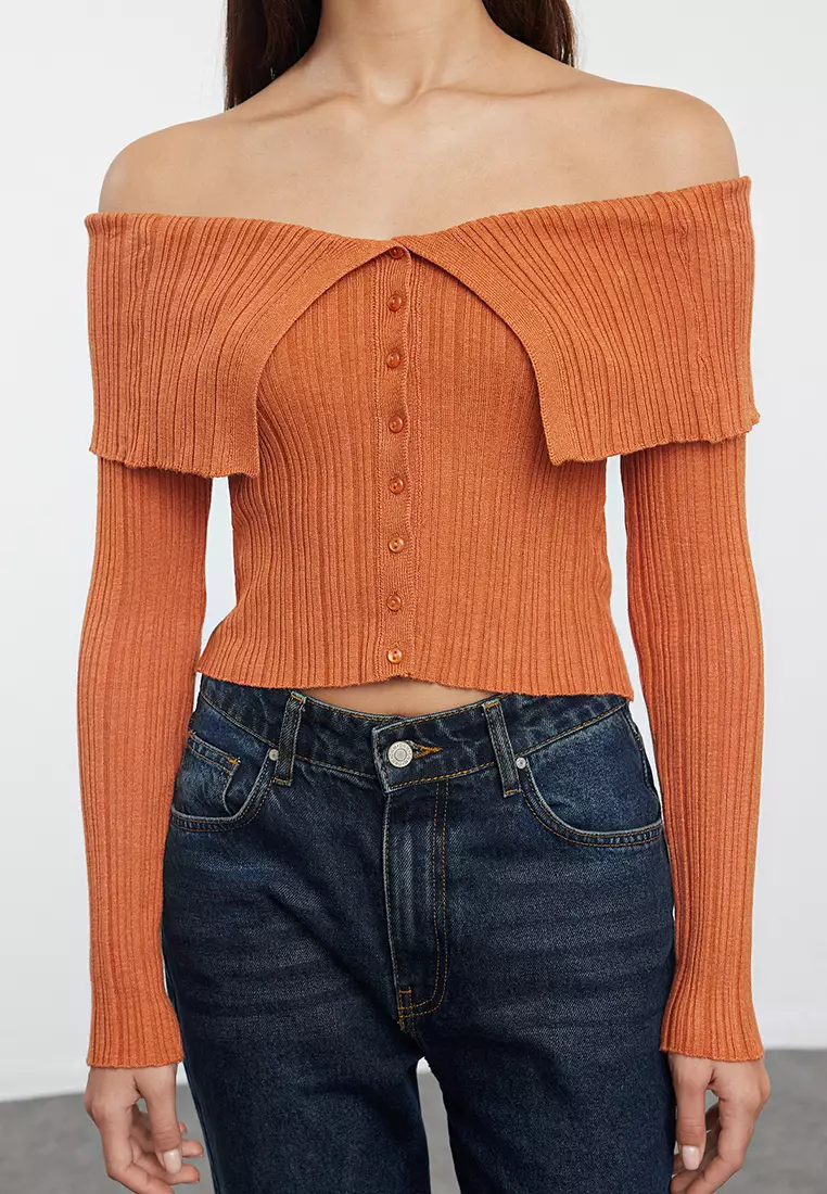 Orange Mercerized Look Crop Premium Yarn/Special Yarn Knitwear Cardigan TWOAW25HI00095