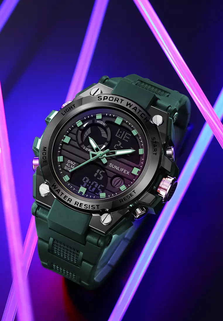 Jam Tangan Pria Analog&Digital Tali Silicone Original Luminous Display Anti Air Jam Tangan Cowok Greenblack