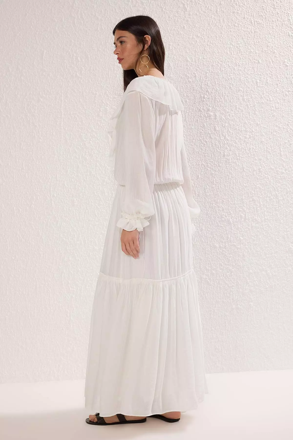 Ecru Plain Elastic Waist Ruffle Maxi Dress