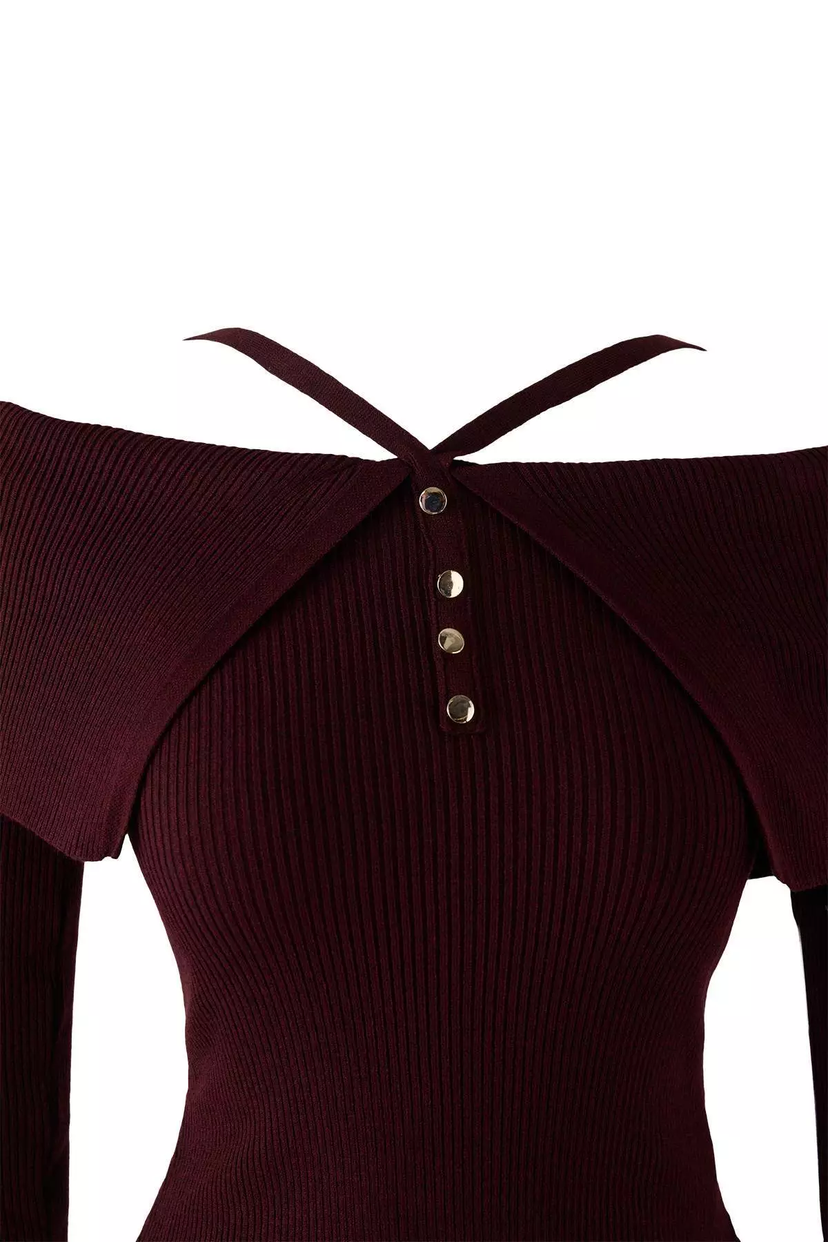 Burgundy Premium Yarn/Special Yarn Carmen Neck Strap Knitwear Sweater