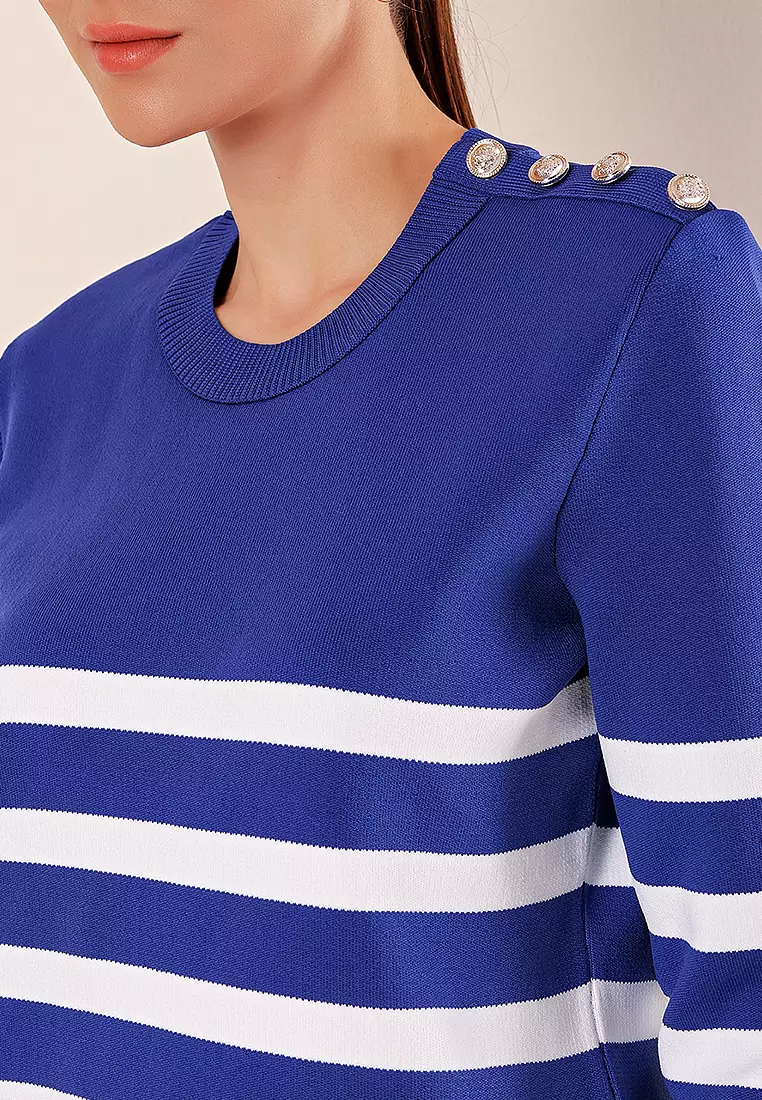 Button Detail Striped Sweater Sax