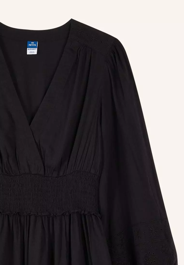 Waist-Defined Puff-Sleeve Smocked Embroidered